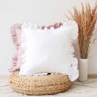 Lniana poduszka dekoracyjna z falbanami - biała