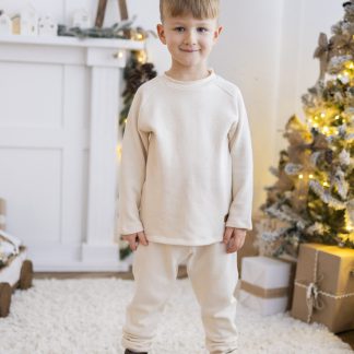 Dzianinowy zestaw dla chłopca - buggy i bluza - jasny beż