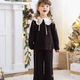 Welurowy zestaw dla dziewczynki - culoty i bluza - czekoladowy brąz