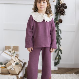 Dzianinowy zestaw dla dziewczynki - culoty i bluza - wrzos